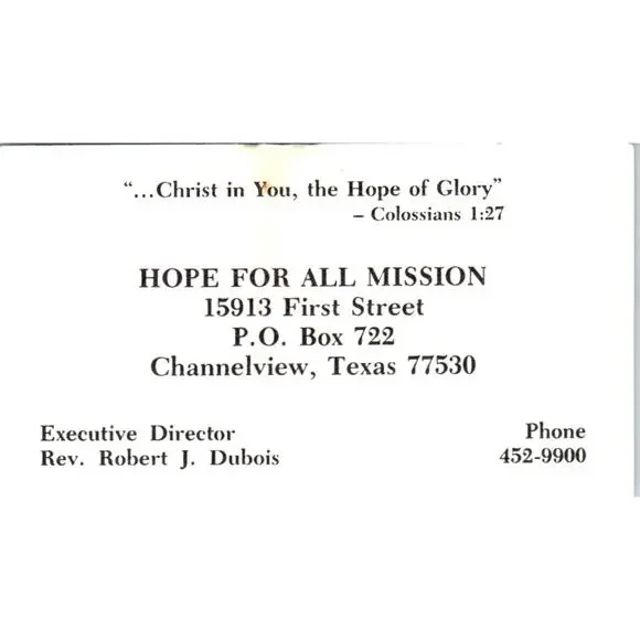 Rev Robert J. Dubois Hope for All Mission Channelview TX Business Card SD8-B4 - Picture 1 of 2